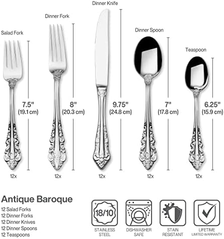 Wallace Antique Baroque 65-Piece Silverware Set for 12-18/10 Stainless