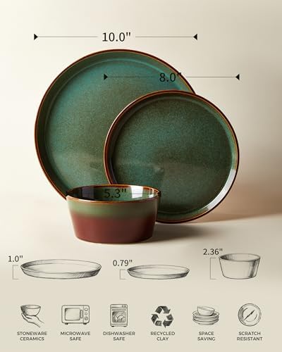 Pokini Ceramic Plates and Bowls Sets for 4, 12pcs Dinnerware Sets