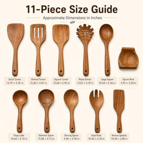 11-Piece Teak Wood Kitchen Utensil Set