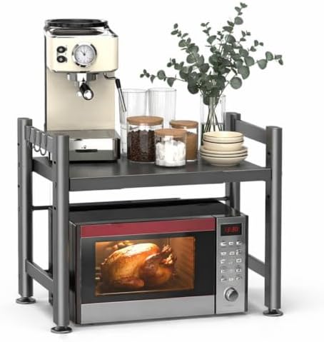2-Tier Microwave Stand, 220lbs Rack with 6 Hooks