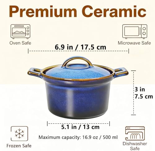 Mini Cocotte Set, Ceramic Serving Tureen, Blue, 16.9 OZ, Set of 2
