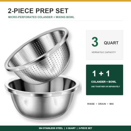 304 Stainless Steel Microporous Colander Set - 3QT Large Capacity Kitchen Strainer, Dishwasher Safe for Vegetable/Fruit/Rice Washing & Cooked Pasta Draining （2PC)