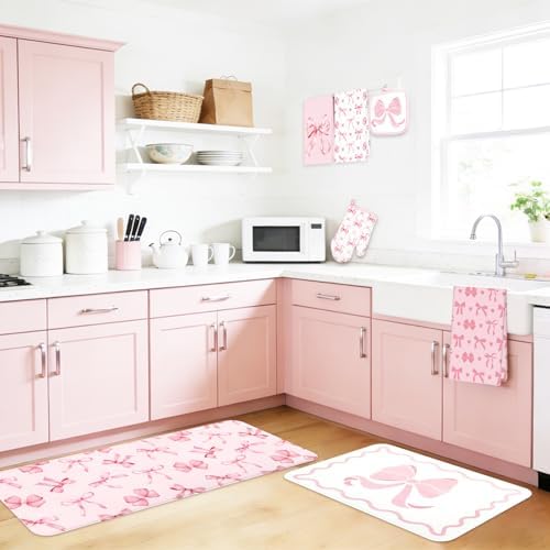JarThenaAMCS 10Pcs Pink Bow Kitchen Dish Towels Rugs Oven Mitts and