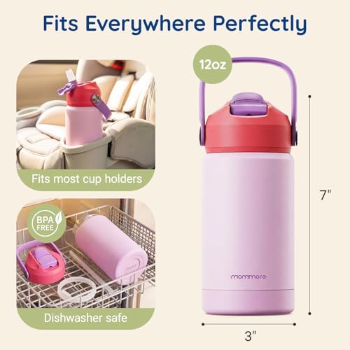 Mommore 12oz Kids Insulated Water Bottle with Straw Lid, Mermaid