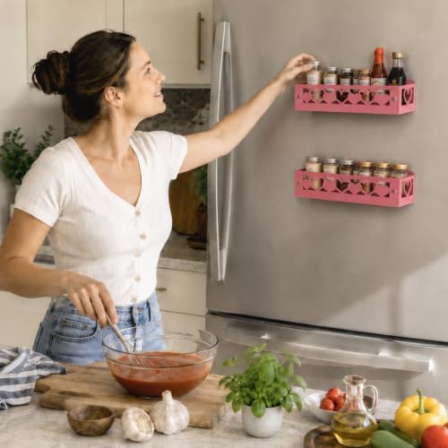 OYEFLY Pink Heart Magnetic Spice Rack for Refrigerator, Metal Magnetic