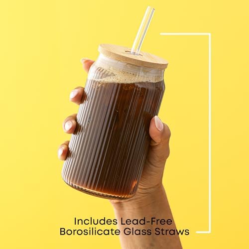 JoyJolt Fluted Glass Tumblers with Bamboo Lids and Glass Straws