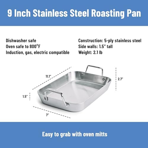 Misen Stainless Steel Roasting Pan with Handles - Versatile 5-Ply