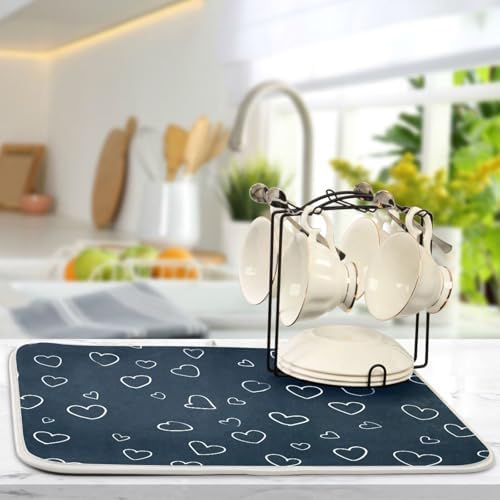OTVEE Heart Sketch Art Dish Drying Mat for Kitchen Counter Absorbent