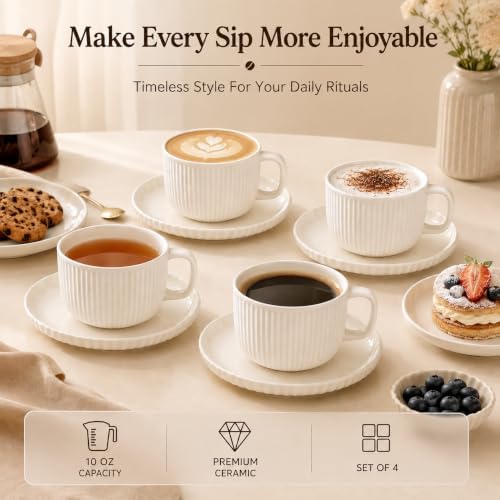 White Ceramic Coffee Cups Set of 4 with Saucers and Spoons