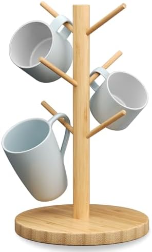 Bamboo Mug Holder Tree, Countertop 6-Hooks, Storage Tray, Natural