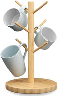 Bamboo Mug Holder Tree, Countertop 6-Hooks, Storage Tray, Natural
