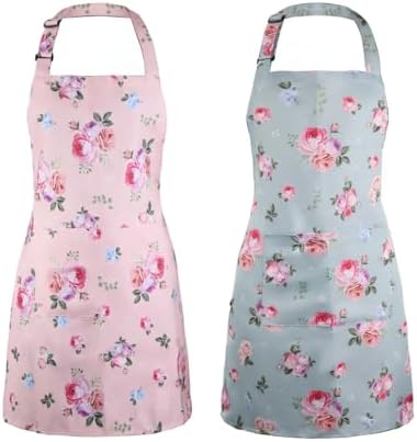 2 Pack Floral Apron, Adjustable Waterproof Aprons with 2 Pockets Cute