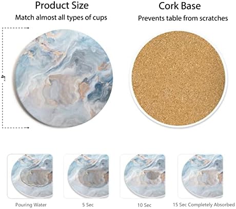 Set of 6 Abstract Blue Marble Coasters with Holder, Absorbent Ceramic