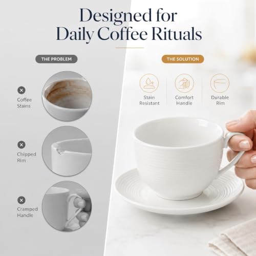 Porcelain Cappuccino Cups with Saucers, 4-Piece Coffee Cup Set