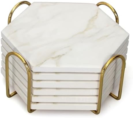 6 Pcs White Marble Coasters Set with Holder Hexagon Ceramic Drink