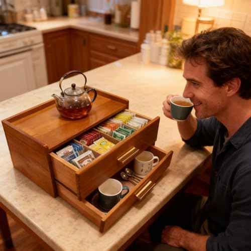 Wooden Tea Bag Organizer, Acacia Drawer Wood Storage Box, Teabag