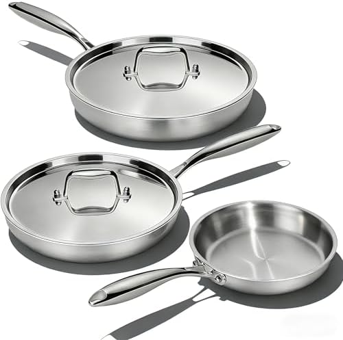 Stainless Steel Frying Pan Set with Lid, Umite Chef 3Pcs Skillet Set