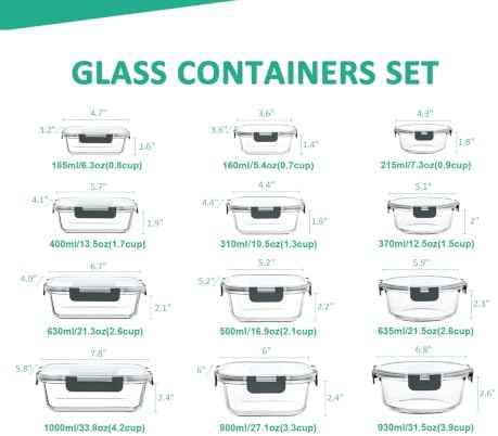 KOMUEE 24-Piece Glass Food Storage Containers Set, Gray