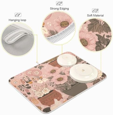OTVEE Cute Hen Flower Art Dish Drying Mat for Kitchen Counter