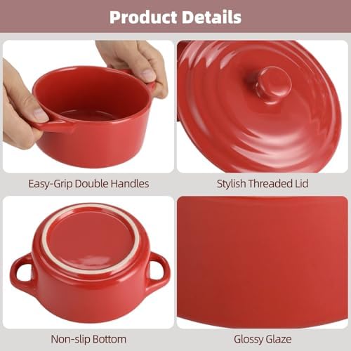 4 Pcs Red Ceramic Small Cocotte Set, 5.3 x 3.1 in Small Ramekins with