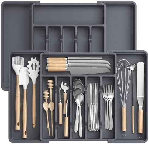 RoomHacks Large Silverware Organizer,Expandable Utensil Drawer Organizer,BPA Free Utensil Holder,Adjustable Silverware Tray Cutlery Drawer Organizer for Kitchen Flatware,Large,Grey,2 Pack