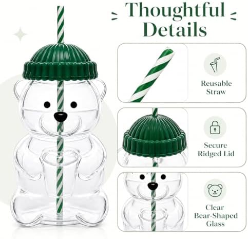 Cute Bear Glass Tumbler with Lid and Straw, 20 oz, Green