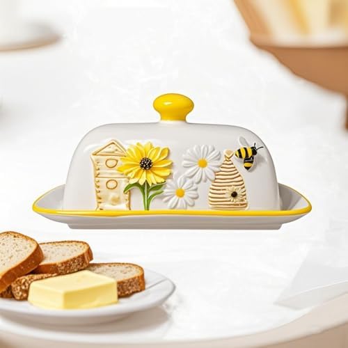 HAN SHENG Ceramic Bee Covered Butter Dish with Lid for Butter Storage