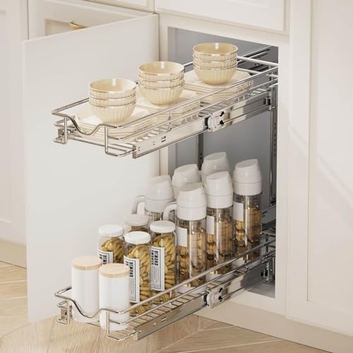 OCG 2 Tier Pull Out Cabinet Organizer (7.5" W x 21.5" D), Pull Out