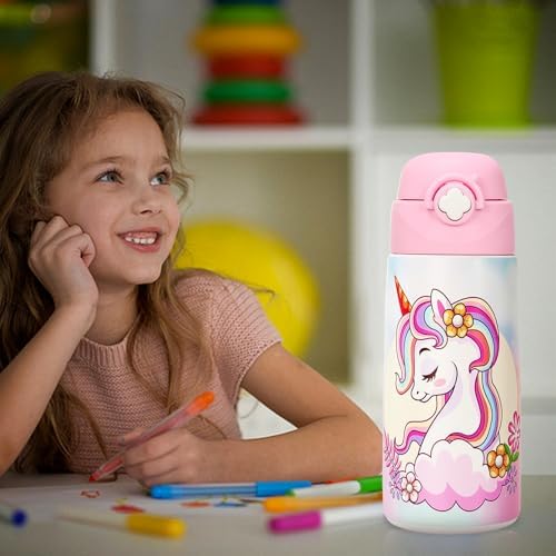 Girls Insulated Water Bottle with Covered Pop-Up Straw,16 oz Kids Cups