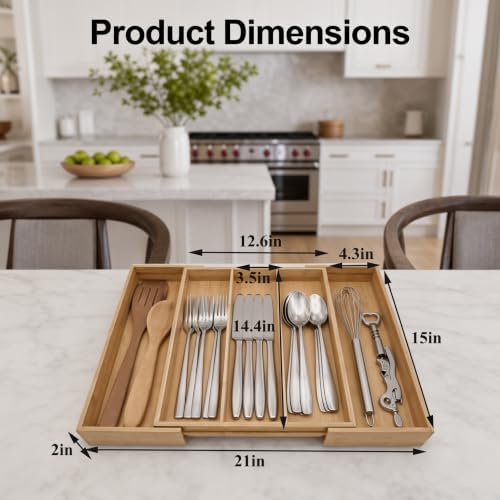 Expandable Bamboo Silverware Drawer Organizer, Adjustable Cutlery Tray