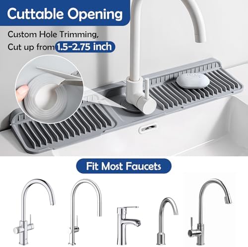24"Longer Silicone Faucet Mat For Kitchen Sink Splash Guard Gray