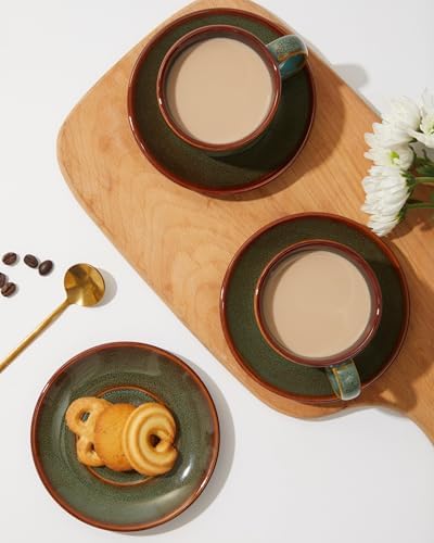 Pokini Stoneware Coffee Cups with Saucers, Cappuccino Cups, Mugs Set