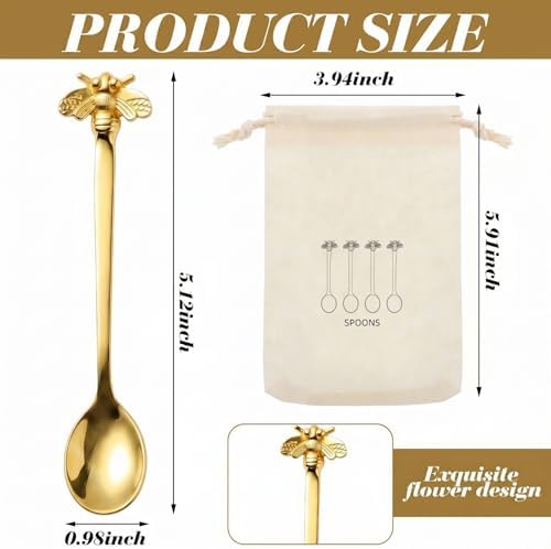 4 Pcs Brass Gold Flower Spoons Tea Spoons for Tea Party, Bee