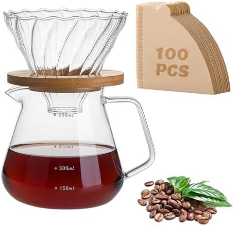 Pour Over Coffee Maker Set – Drip Coffee Pot with bamboo Handle, Glass