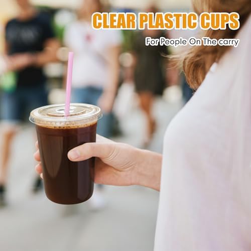 Ziliny 100 Pack 16 oz Plastic Cups with Lids Straws Iced Coffee, Pink