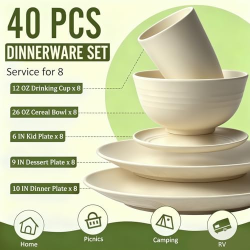 Dinnerware Sets 40 PCS Wheat Straw Plates and Bowls Sets With Cups