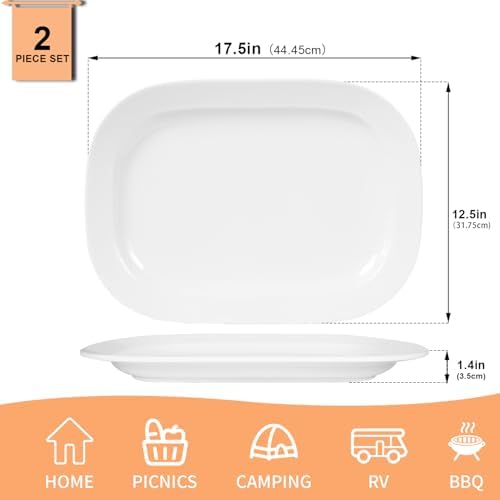 2 Pack Extra Large 17.5 Inch White Serving Trays,Reusable Melamine
