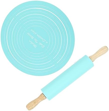 LiebeWH Rolling Pin Set Silicone Pastry Baking Mat with Beech Wood