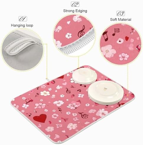 OTVEE Heart Melody Pattern Dish Drying Mat for Kitchen Counter