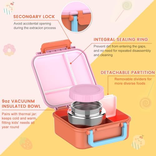 Bento Lunch Box for Kids with 9oz Thermo, Leak-proof Containers with 3