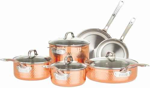 Viking 3-Ply Pots and Pans Set, 10 Piece Copper Kitchen Cookware with