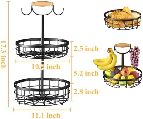 SAYZH 2 Tier Large Fruit Basket for Kitchen Counter with 2 Banana Hangers