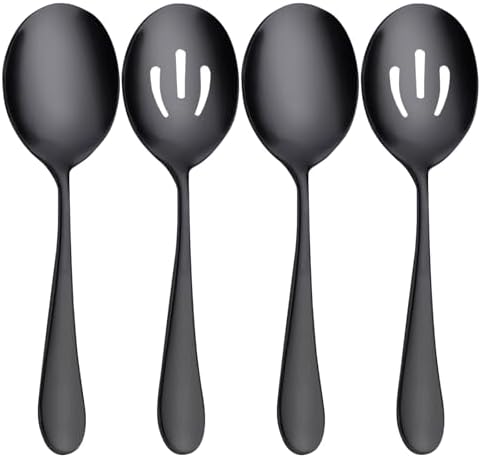 Serving Spoons Set, Black Stainless Steel, 8.7 Inch, Slotted and Solid