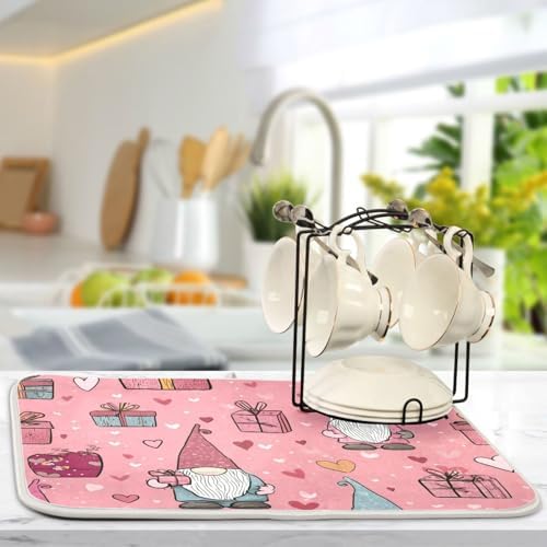 OTVEE Sweet Gnome Art Dish Drying Mat for Kitchen Counter Absorbent