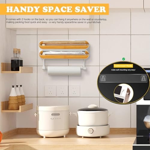 Magnetic Plastic Wrap Dispenser with Cutter - Quasziwa Refillable Tin Foil and Plastic Wrap Organizer for Kitchen, Aluminum Foil Dispenser with Paper Towel Holder Wall Mount - Fits 12" Roll, White
