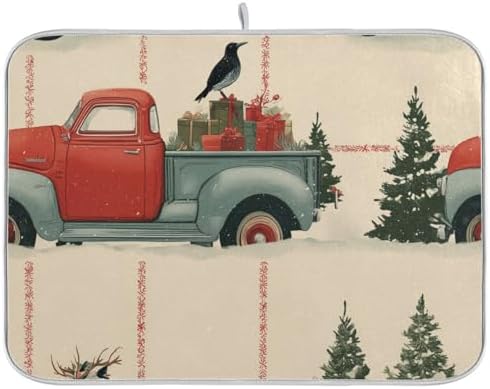 OTVEE Red Truck Snow Fun Dish Drying Mat for Kitchen Counter Absorbent