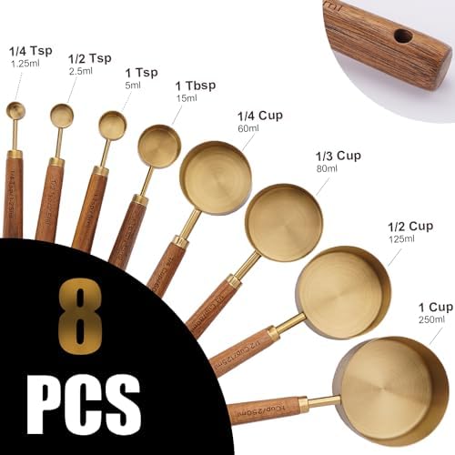 SHIKORI Gold Measuring Cups and Spoons Set with Wood Handles 8PCS