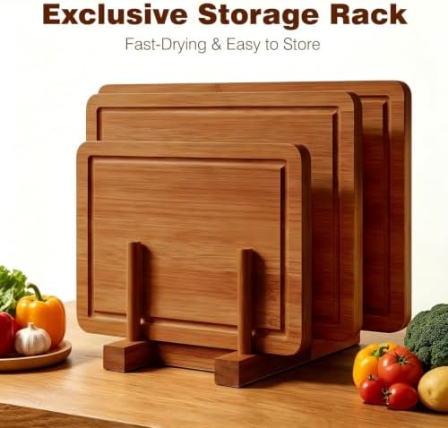 Bamboo Cutting Board Set of 3 with Holder for Compact Kitchens &