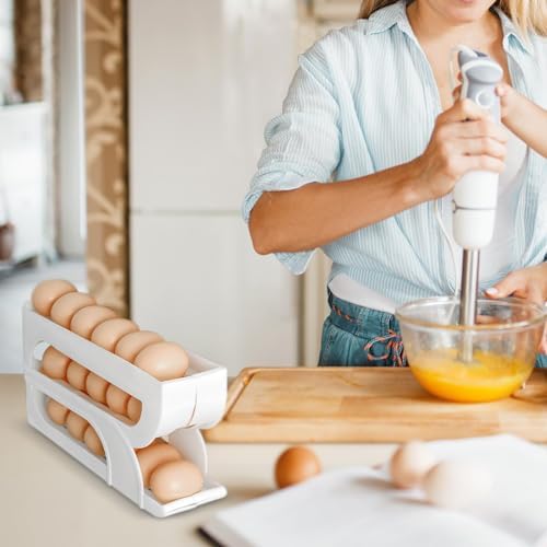 Egg Container for Refrigerator, Auto-Rolling 3-Tier Holder White