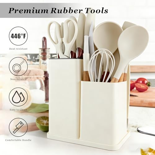 19 Piece Kitchen Utensil Set with Knife Set and Holder, White
